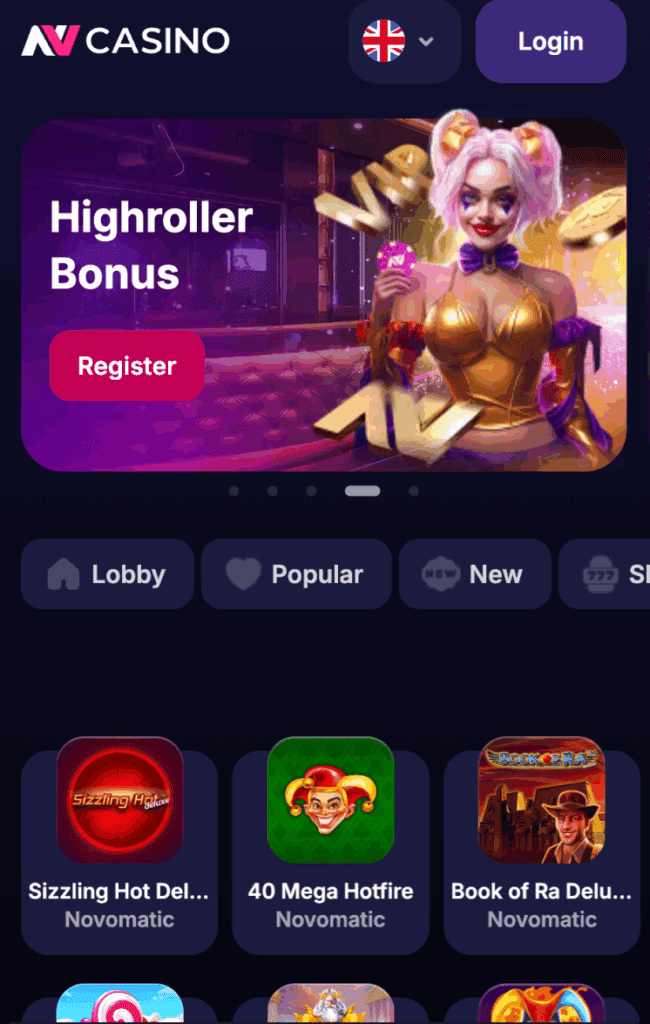 Ava NV.casino koduleht ja kliki nupule Register