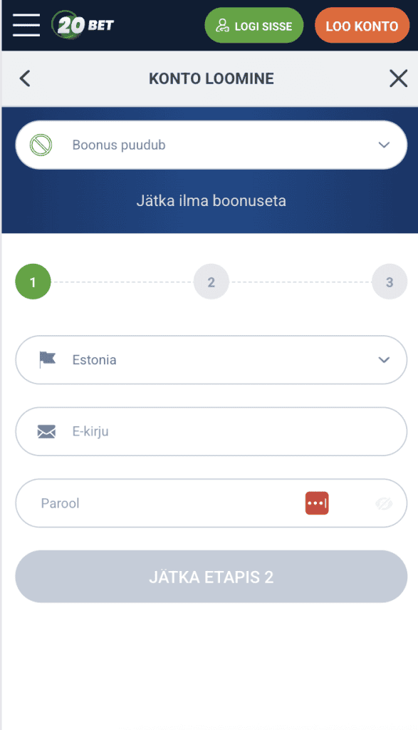 Kliki kasiinos nuppu “Loo konto”